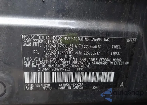2021 Toyota Rav4 Hybrid Le from USA, damaged, VIN 2T3MWRFV0MW117232